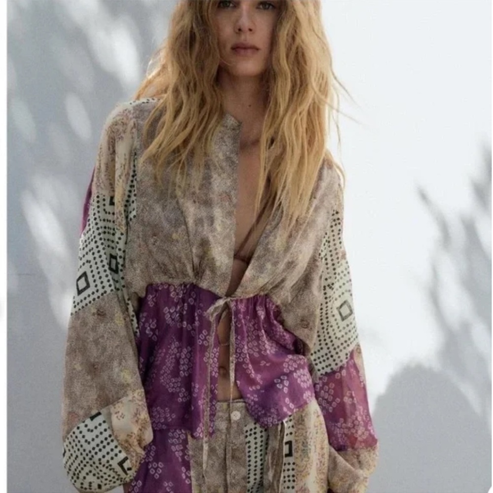 Zara Bohemian Patchwork Cream Blouse with Front Tie Size M-L